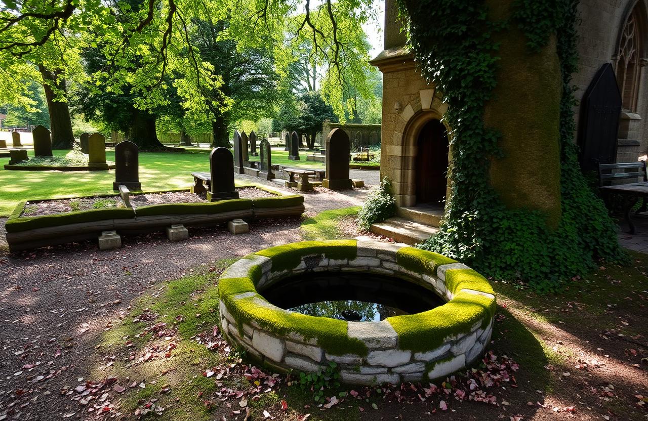 A moss-covered stone well in a quiet English churchyard