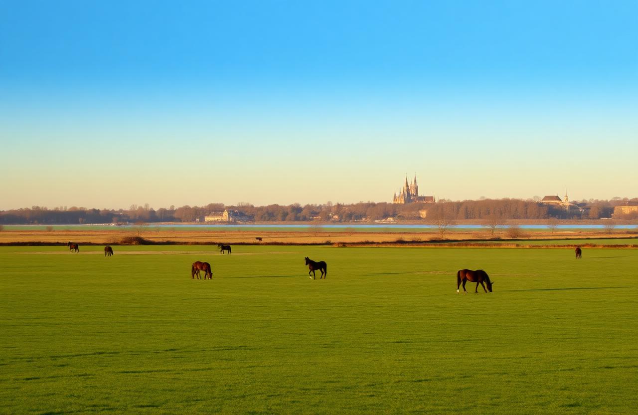 Horses grazing on Port Meadow with Oxford spires on the horizon